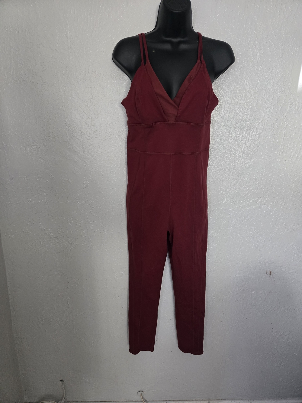 Free People Wine Red Double-Strap V-Neck Jumpsuit